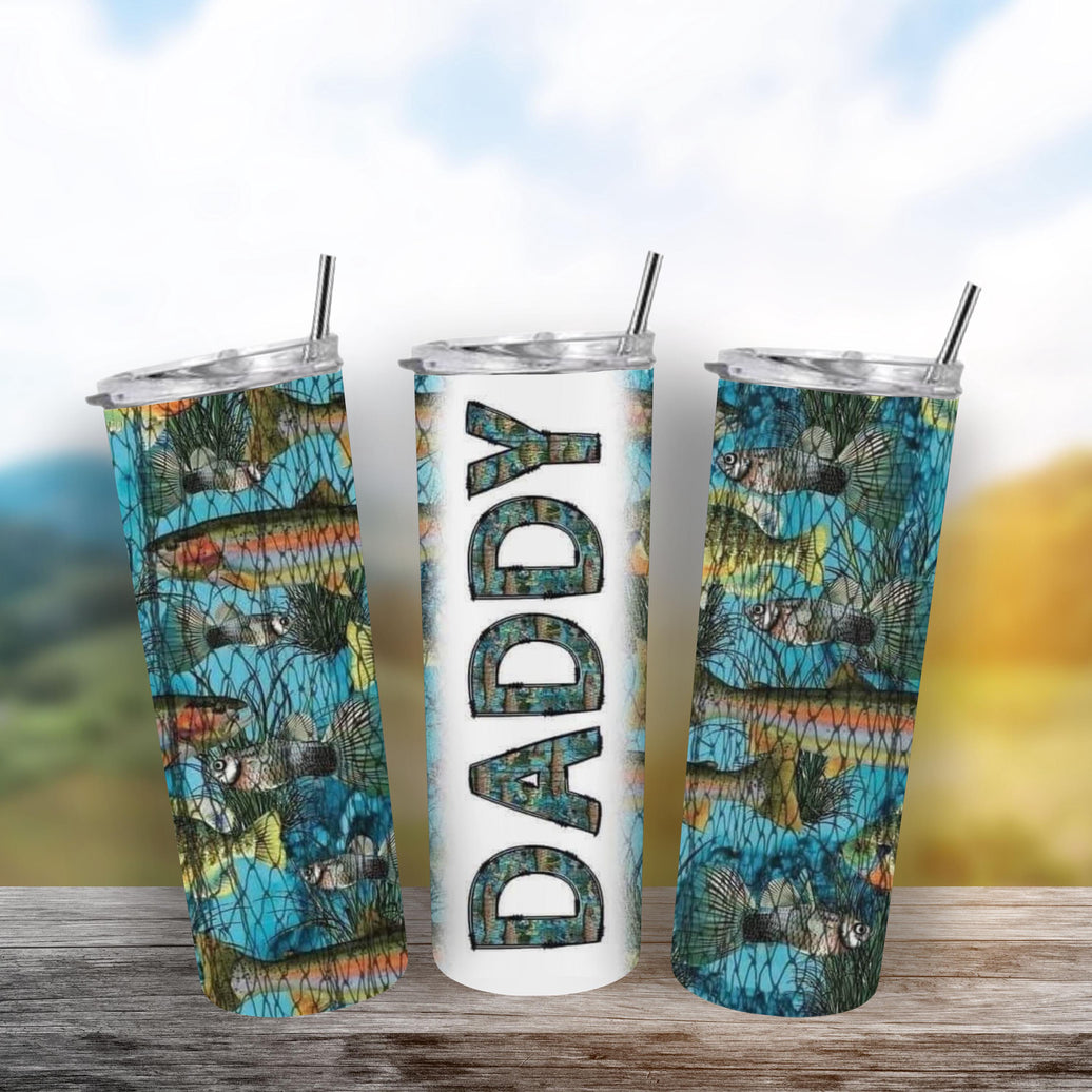 20oz Skinny Tumbler Daddy Fish Cup - Personalized Stainless Steel Insulated Travel Mug for Men, Gift for Dad, Spill Proof Drinkware