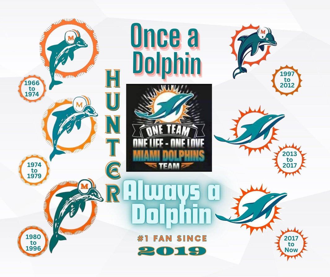 Miami Dolphin All Mascots Logos through the years 20oz Tumbler with your name and date - My Store