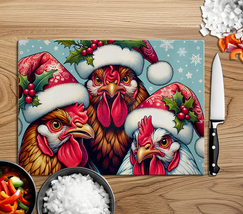 Chickens with Santa Hats Glass Cutting Board | Christmas Kitchen Decorations image 1