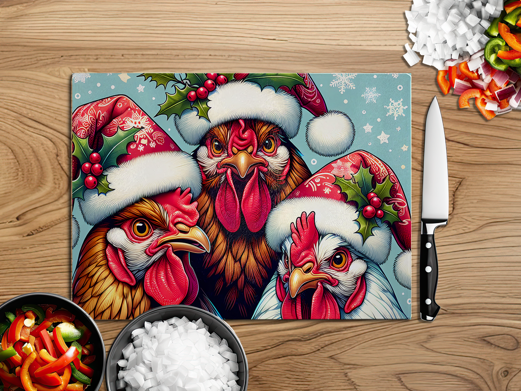 Chickens with Santa Hats Glass Cutting Board | Christmas Kitchen Decorations image 1