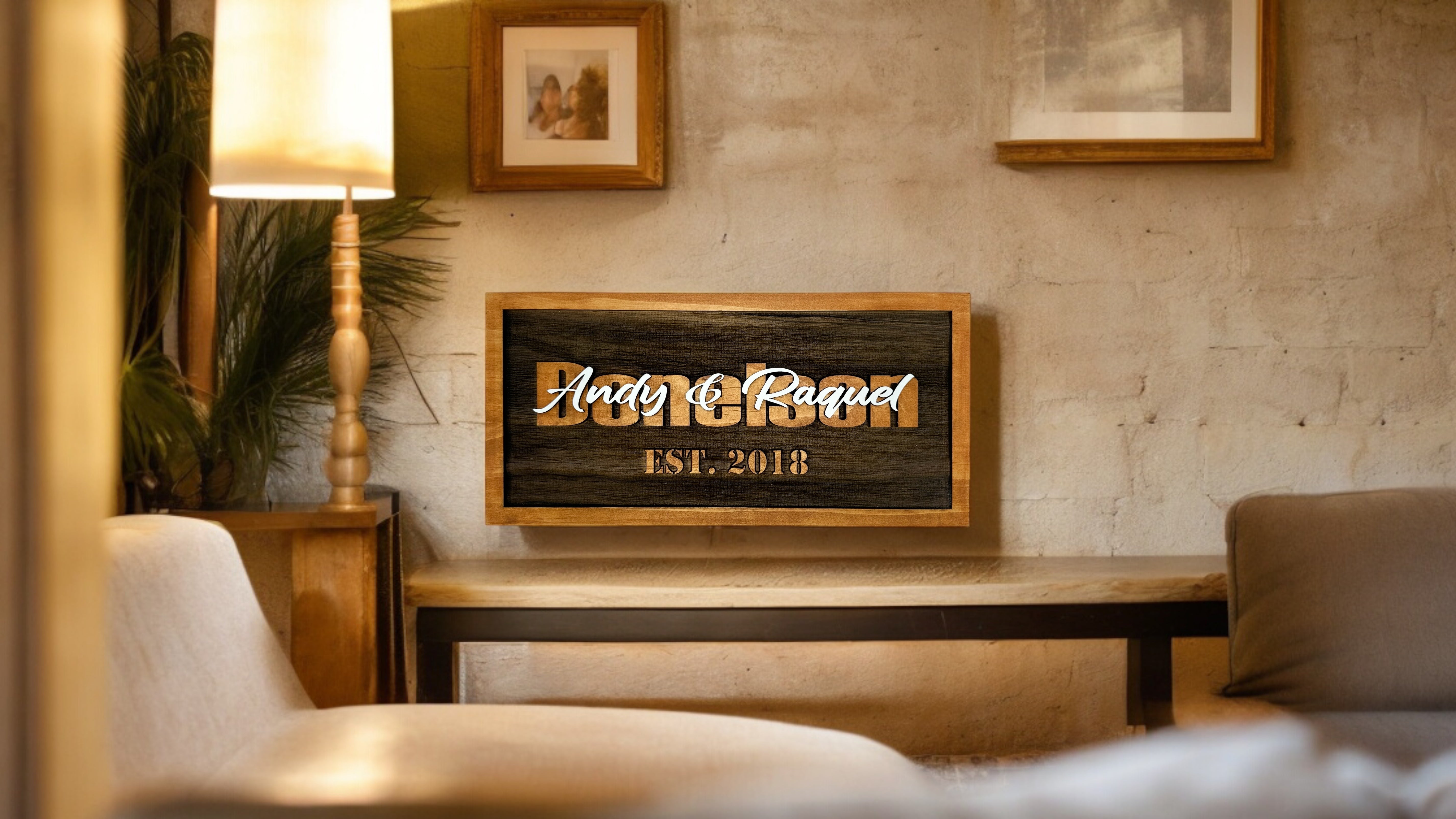 Family Name Sign | Wall Hanging | Last Name with First Names overlapping image 0