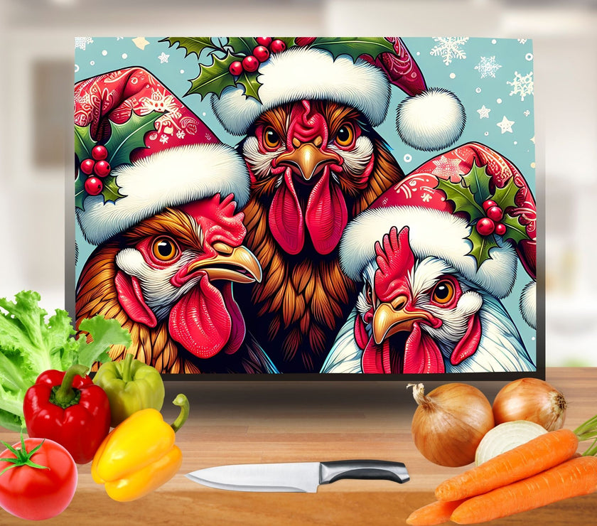 Chickens with Santa Hats Glass Cutting Board | Christmas Kitchen Decorations image 0