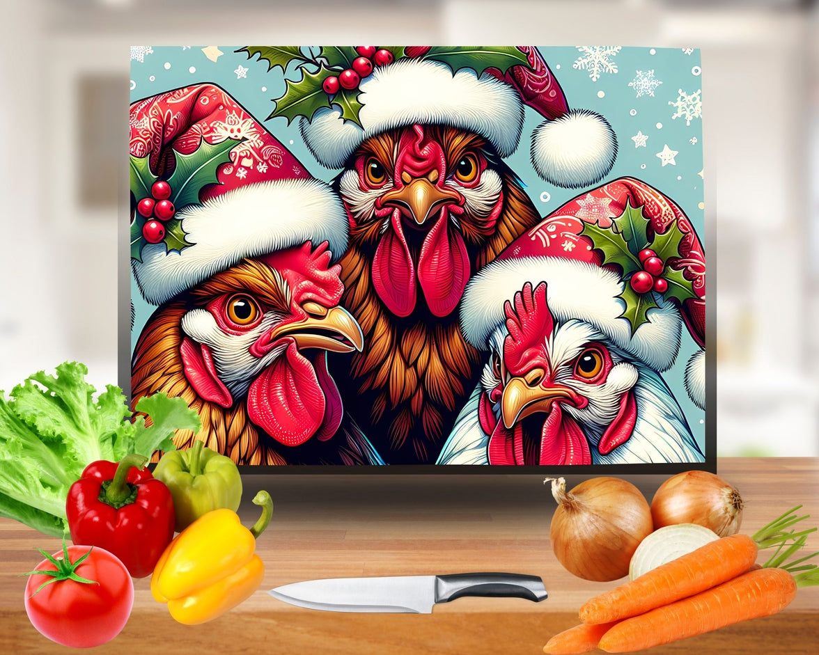 Chickens with Santa Hats Glass Cutting Board | Christmas Kitchen Decorations image 0