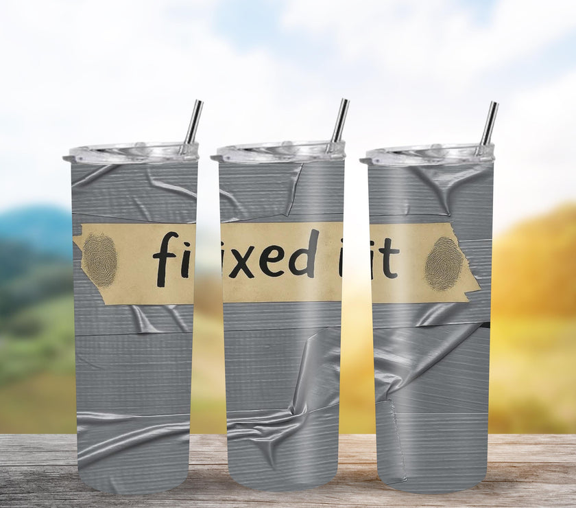 Duct Tape Funny Tumbler 20oz - "Fixed It" Insulated Travel Mug, Great Gift for Men, Husband, Dad, Handyman Cup