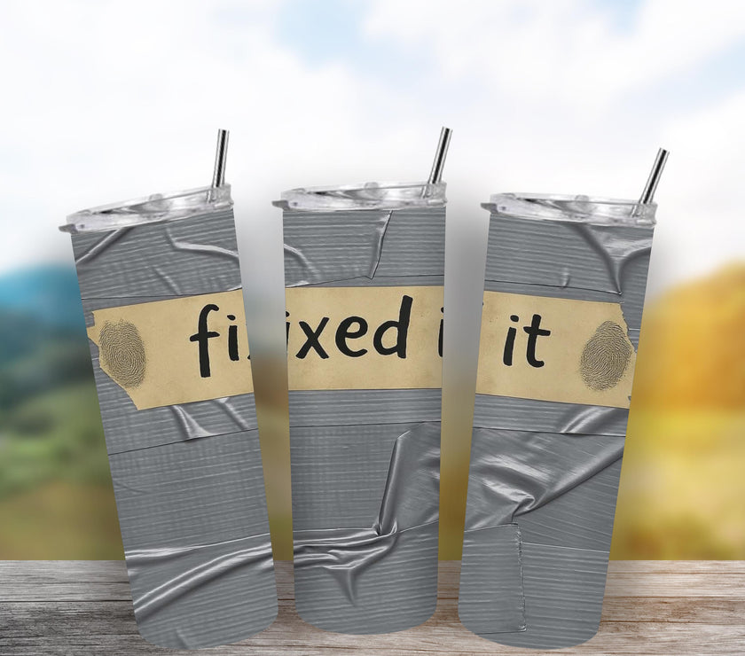Duct Tape Funny Tumbler 20oz - "Fixed It" Insulated Travel Mug, Great Gift for Men, Husband, Dad, Handyman Cup