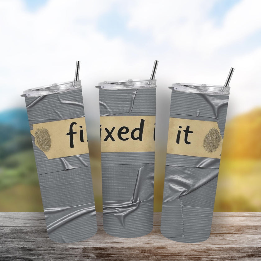 Duct Tape Funny Tumbler 20oz - "Fixed It" Insulated Travel Mug, Great Gift for Men, Husband, Dad, Handyman Cup