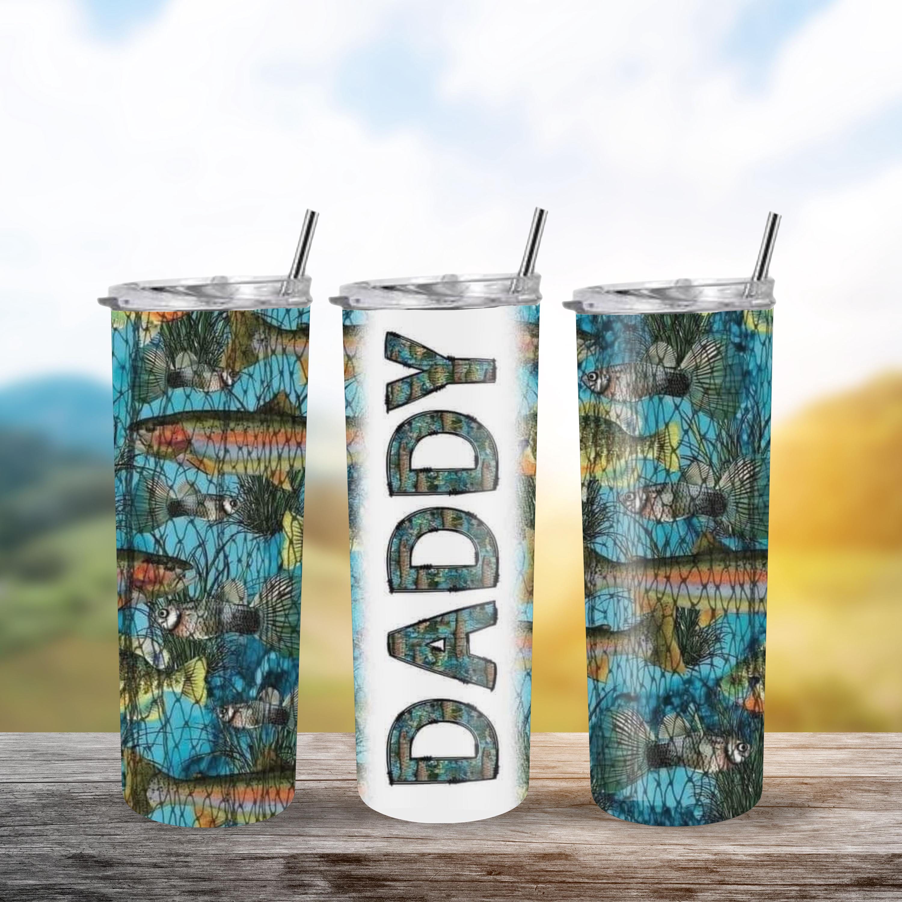 20oz Skinny Tumbler Daddy Fish Cup - Personalized Stainless Steel Insulated Travel Mug for Men, Gift for Dad, Spill Proof Drinkware