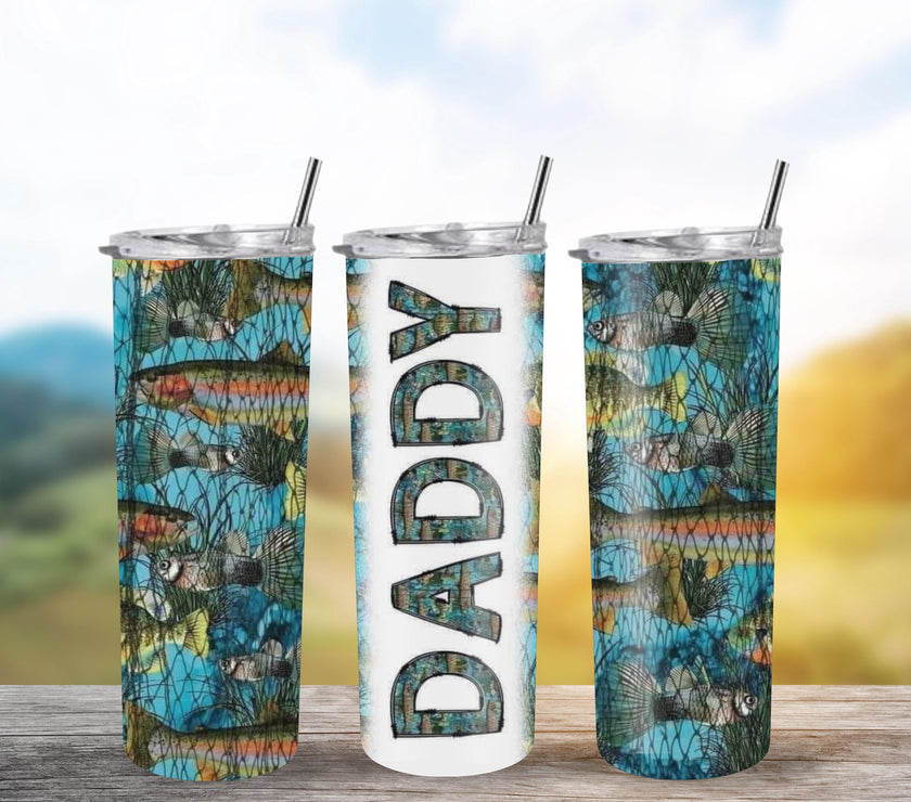 20oz Skinny Tumbler Daddy Fish Cup - Personalized Stainless Steel Insulated Travel Mug for Men, Gift for Dad, Spill Proof Drinkware