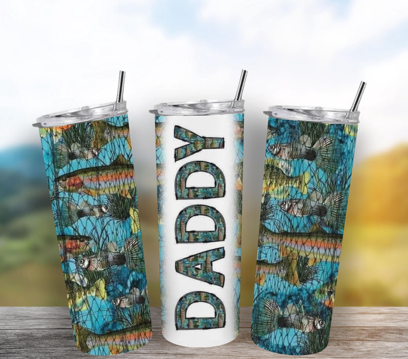 20oz Skinny Tumbler Daddy Fish Cup - Personalized Stainless Steel Insulated Travel Mug for Men, Gift for Dad, Spill Proof Drinkware