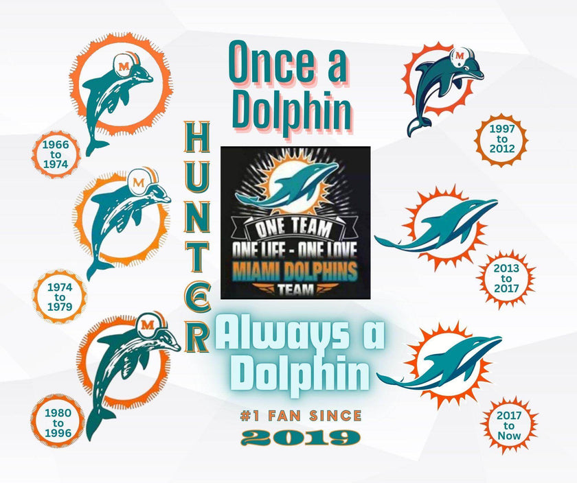 Miami Dolphin All Mascots Logos through the years 20oz Tumbler with your name and date - My Store