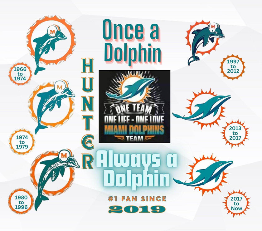 Miami Dolphin All Mascots Logos through the years 20oz Tumbler with your name and date - My Store