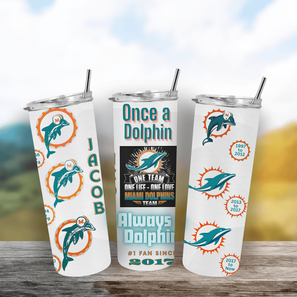 Miami Dolphin All Mascots Logos through the years 20oz Tumbler with your name and date - My Store