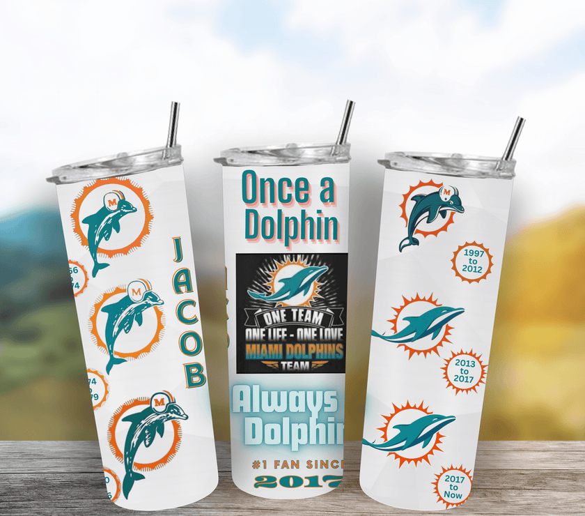 Miami Dolphin All Mascots Logos through the years 20oz Tumbler with your name and date - My Store