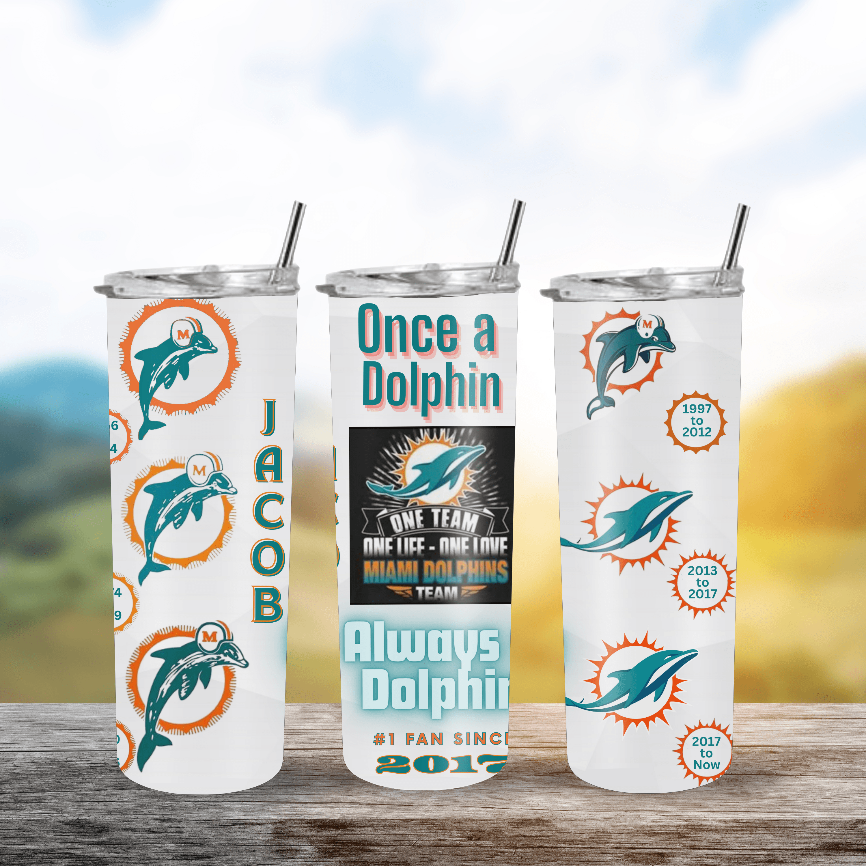 Miami Dolphin All Mascots Logos through the years 20oz Tumbler with your name and date - My Store