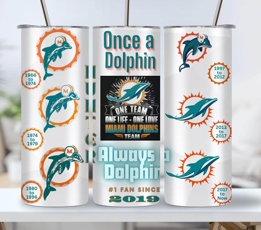 Miami Dolphin All Mascots Logos through the years 20oz Tumbler with your name and date - My Store