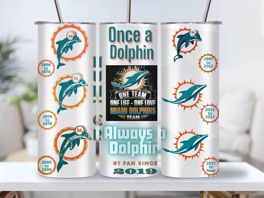 Miami Dolphin All Mascots Logos through the years 20oz Tumbler with your name and date - My Store