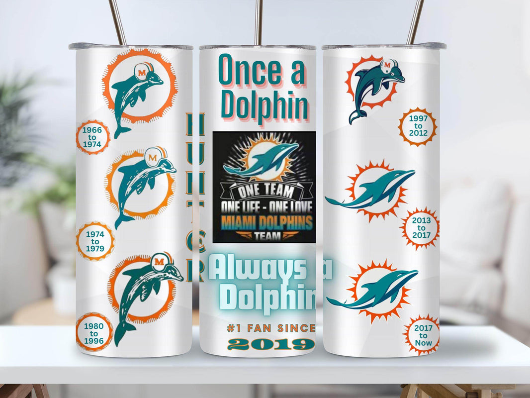 Miami Dolphin All Mascots Logos through the years 20oz Tumbler with your name and date - My Store