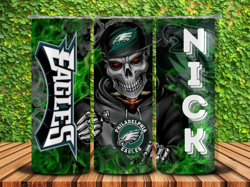 Philadelphia Eagles Hoodie Skeleton 20oz Tumbler Personalized With Name - My Store