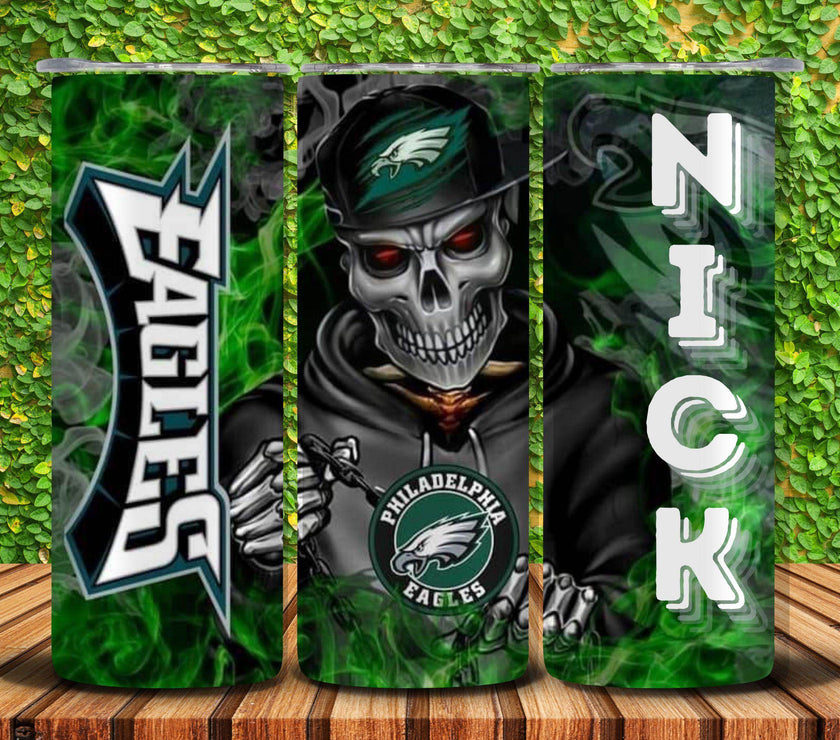 Philadelphia Eagles Hoodie Skeleton 20oz Tumbler Personalized With Name - My Store
