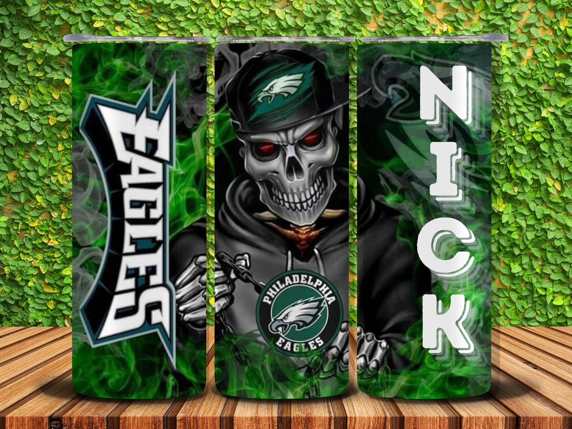 Philadelphia Eagles Hoodie Skeleton 20oz Tumbler Personalized With Name - My Store