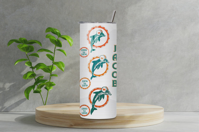 Miami Dolphin All Mascots Logos through the years 20oz Tumbler with your name and date