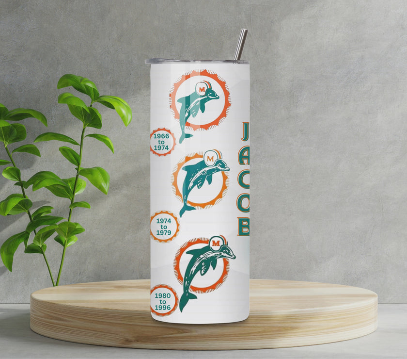 Miami Dolphin All Mascots Logos through the years 20oz Tumbler with your name and date
